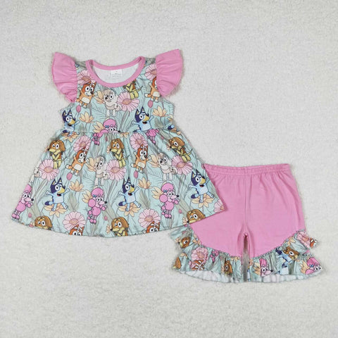 GSSO0624 RTS baby girl clothes flower cartoon dog toddler girl summer outfit