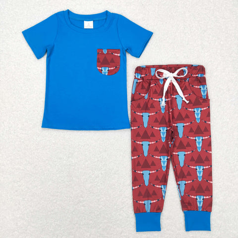 BSPO0188 toddler boy clothes blue pocket cow boy fall short sleeve set