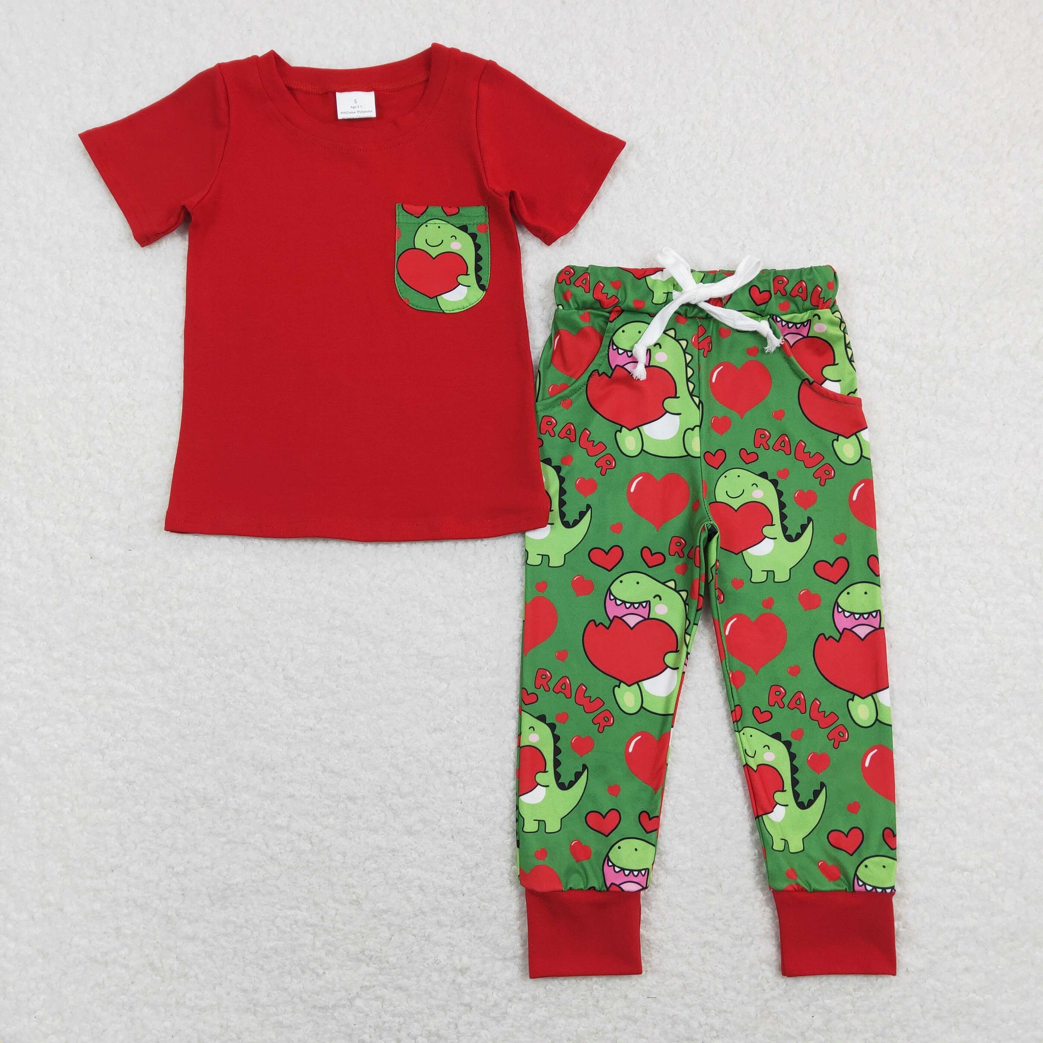 BSPO0229 baby boy clothes heart dinosaur boy valentines day clothing set