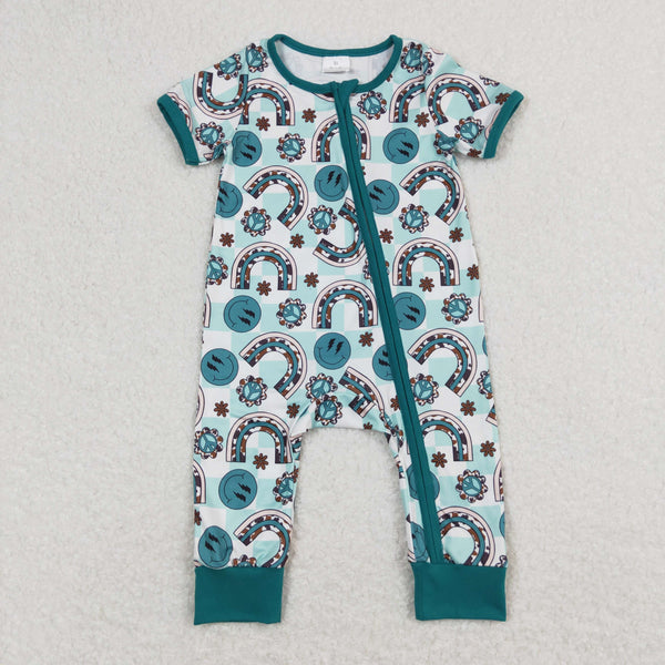 SR1021 RTS baby girl clothes smiling turquoise girl zipper summer romper