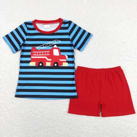 BSSO0469 baby boy clothes print boy fire truck outfit boy summer outfits toddler summer clothing set