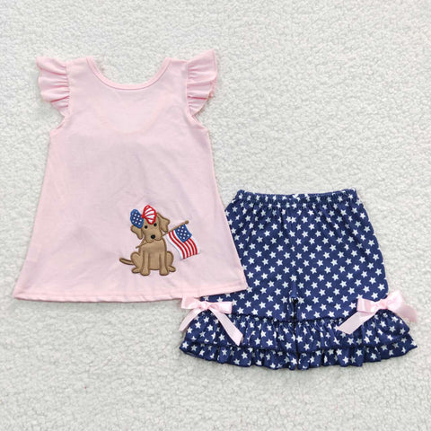 GSSO0236 baby girl clothes blue  4th of july patriotic outfit embroidery god flag set