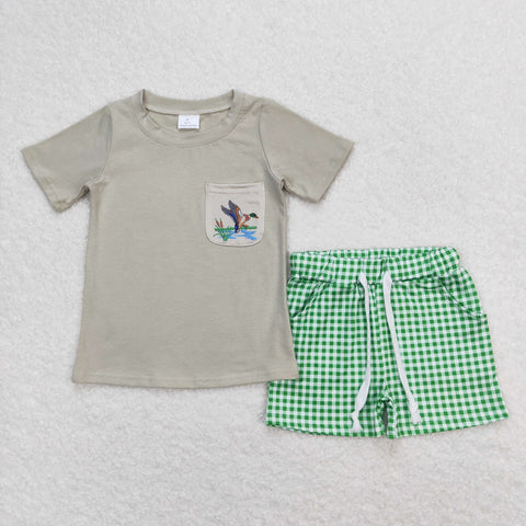 BSSO0734 RTS baby boy clothes green mallard gingham toddler boy summer outfits