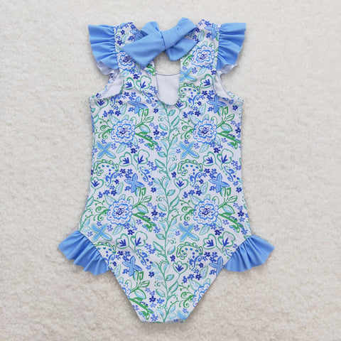 S0278 RTS baby girl clothes blue green floral girl summer swimsuit