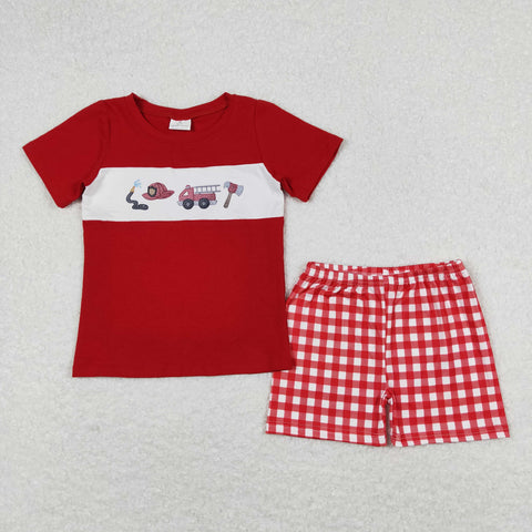 BSSO0666 RTS baby boy clothes fire truck outfit firemen gingham toddler boy summer outfits（print svg）