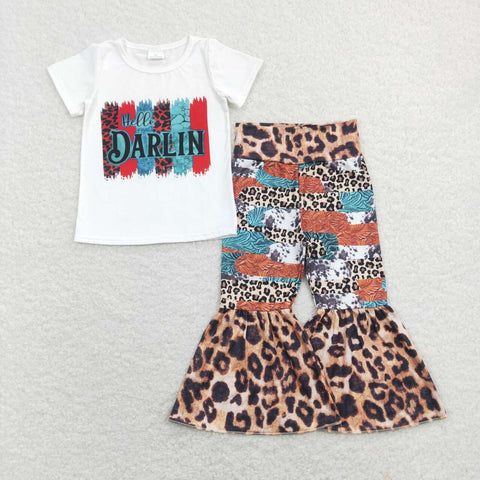 GSPO1160 RTS baby girl clothes hello darling leopard print fall spring toddler bell bottom outfit