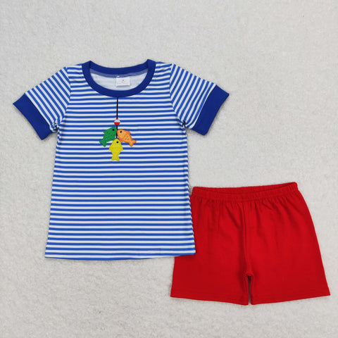 BSSO0588 RTS baby boy clothes embroidery fishing boy summer outfit
