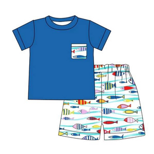 MOQ:5sets each design custom order baby boy clothes blue fish summer outfit
