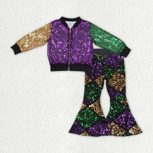 GLP1159 toddler girl clothes baby mardi gras outfit sequin jacket toddler sequin bell bottom pant set birthday party wear