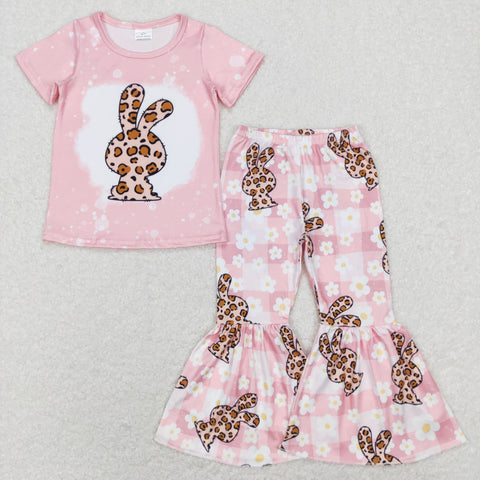 GSPO1181 baby girl clothes pink leopard print bunny toddler easter outfit baby  bell bottom outfit