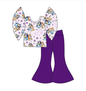 Custom order MOQ:5pcs each design cartoon purple girl bell bottom outfit