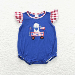 SR0748 baby girl clothes flag embroidery 4th of July patriotic dog short sleeve romper