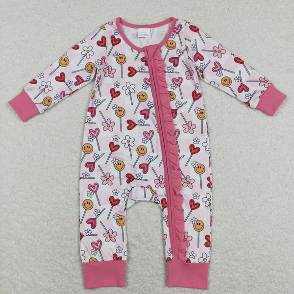 LR0884 baby girl clothes lollipop heart baby valentines day clothes zipper romper