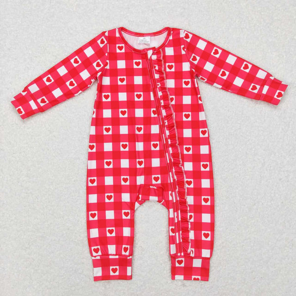 LR0832 baby gril clothes red plaid heart zipper girl valentines day romper 1