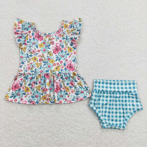GBO0257 baby girl clothes blue flower girl summer bummies sets