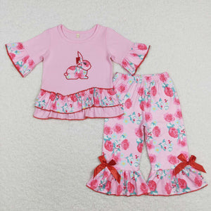 B14-21 baby girl clothes pink bunny embroidery floral easter toddler easter clothing set rabbit set