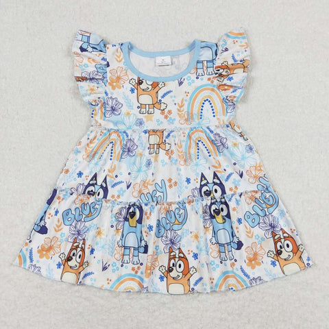 GT0484 RTS  baby girl clothes blue cartoon dog girl summer top ruffles shirt