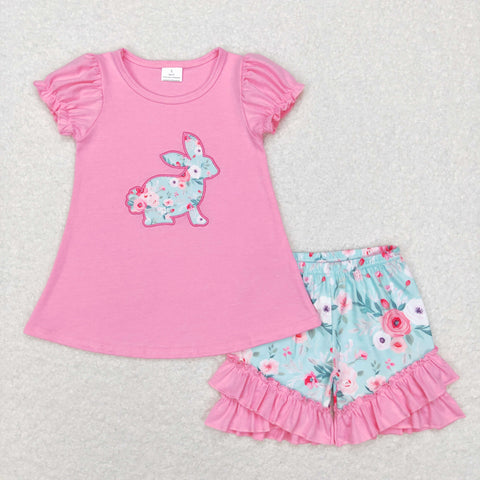 GSSO0386 kids clothes pink bunny embroidery floral girls easter outfits