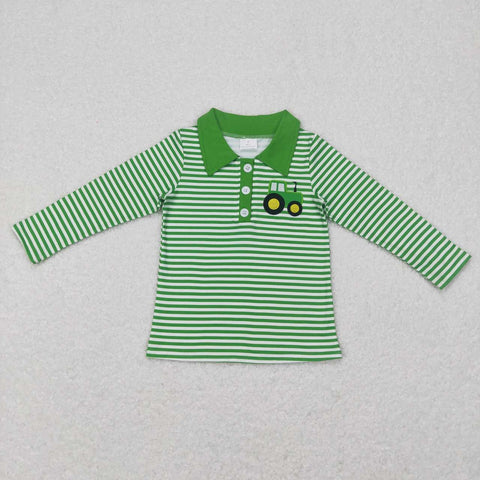 BT0405 kids clothes green stripe tractor embroidery  boys boy winter top shirt