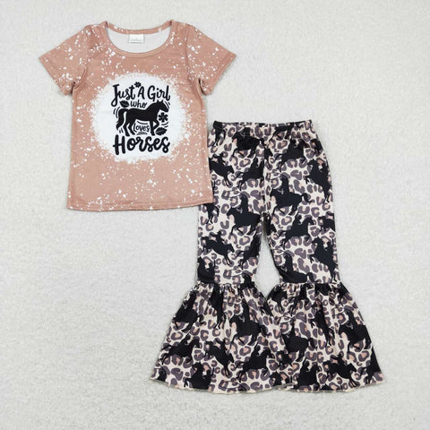 GSPO1277 baby girl clothes cowgirl leopard print girls bell bottoms outfit just a girl who loves horse outfit