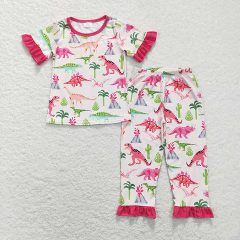 GSPO1001  baby girl clothes dinosaur girl fall spring pajamas set