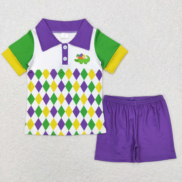 BSSO0311 baby boy clothes boy mardi gras outfit toddler boy mardi gras shorts set purple dinosaur embroidery set