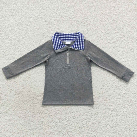 BT0285  toddler boy clothes grey blue plaid zipper boy winter top