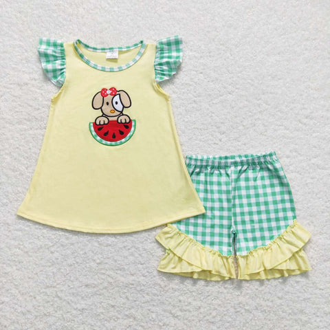 GSSO0483 baby girl clothes watermelon dog embroidery girl summer shorts set