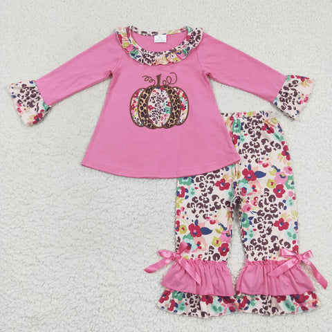 GLP0626 toddler girl clothes pink pumpkin embroidery floral girl halloween outfit