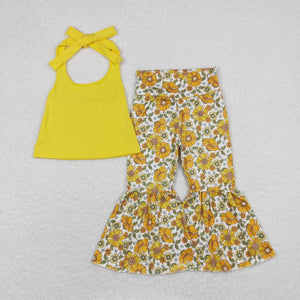 GSPO1430 RTS baby girl clothes yellow floral girl bell bottoms outfit