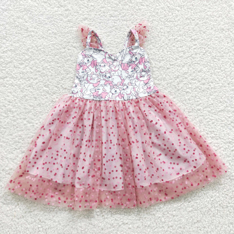 GSD0360 kids clothes girls cartoon cat pink tulle dress girl party dress