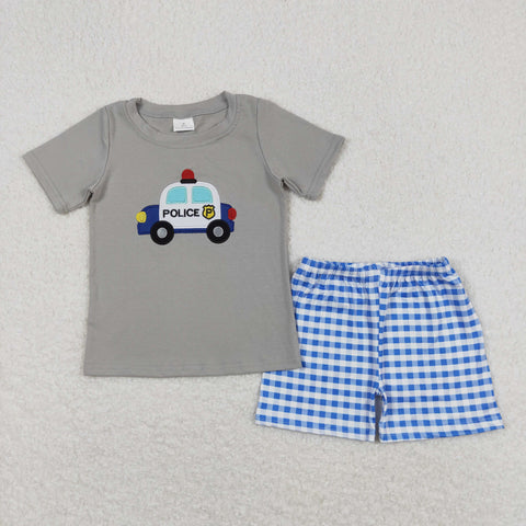 BSSO0566 RTS baby boy clothes embroidery police blue boy summer outfit