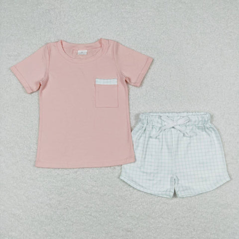 BSSO0698 RTS baby boy clothes pink&green gingham pocket toddler boy summer outfits