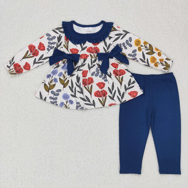 GLP0798 toddler girl clothes floral navy bow girl winter outfit