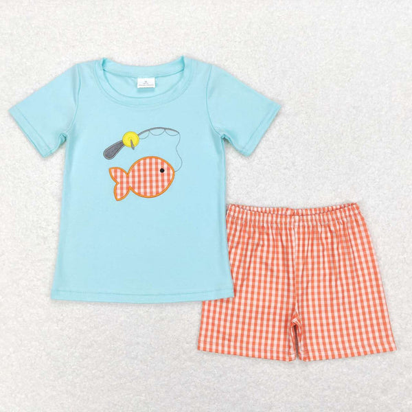 BSSO0288 baby boy clothes embroidery boy summer shorts set fish clothes