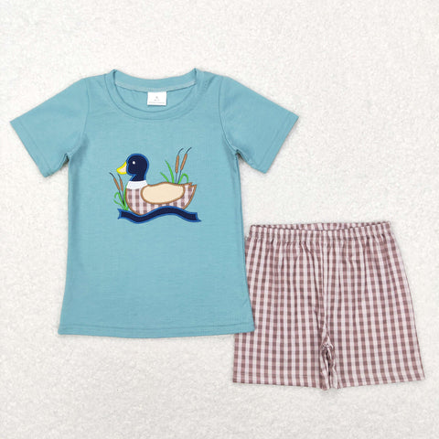 BSSO0281 baby boy clothes mallard duck embroidery boy summer shorts set