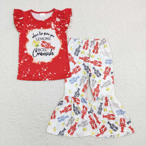 GSPO1170 baby girl clothes red crawfish girl spring outfit toddler bell bottom set