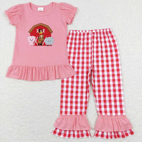 GSPO0994 baby girl clothes farn cothes pink pig horse cow embroidery girl farm outfit