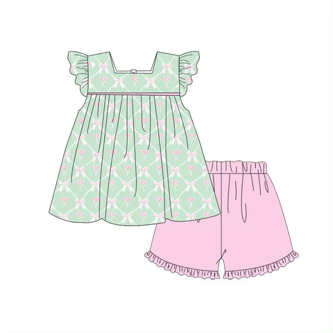 Order Deadline:6th May. Split order baby girl clothes green bow girl summer shorts set