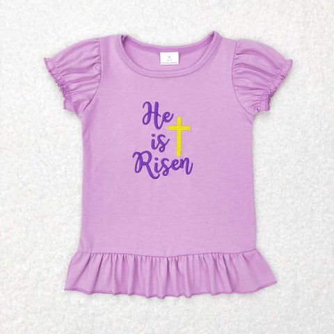 GT0393 baby girl clothes purple cross he is risen embroidery girl easter tshirt
