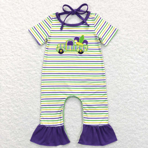 SR0518 baby girl clothes truck embroidery toddler Mardi Gras romper