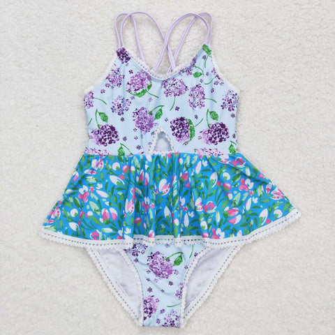 S0246 RTS baby girl clothes purple floral girl summer swimsuit