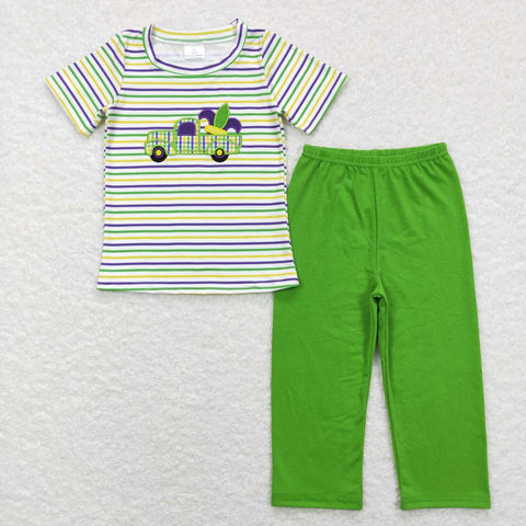 BSPO0215 baby boy clothes purple truck embroidery boy mardi gras outfit