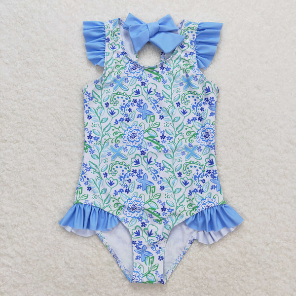 S0278 RTS baby girl clothes blue green floral girl summer swimsuit