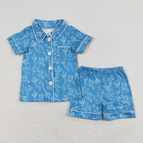 GSSO0842 RTS baby girl clothes blue cactus toddler girl summer pajamas outfits summer shorts set
