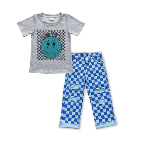 Little boys checkered pattern ripped jeans set
