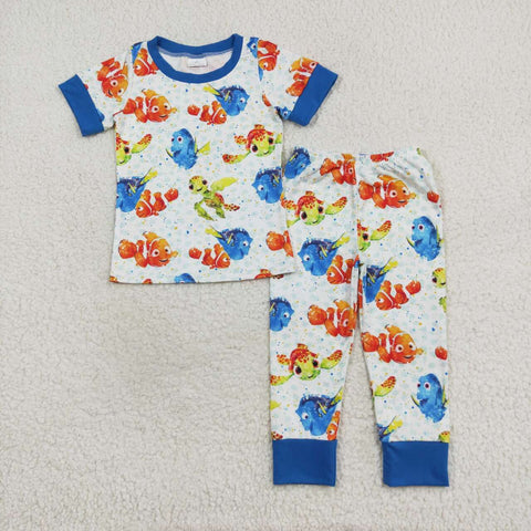 BSPO0419 RTS 3-6M to 7-8T baby boy clothes cartoon fish boy pajamas outfit