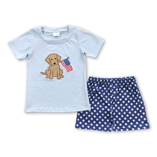 BSSO0227 baby boy clothes blue  4th of july patriotic outfit embroidery god flag set