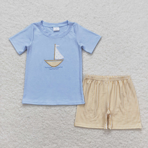 BSSO0602 RTS baby boy clothes embroidery sailboat toddler boy summer outfit