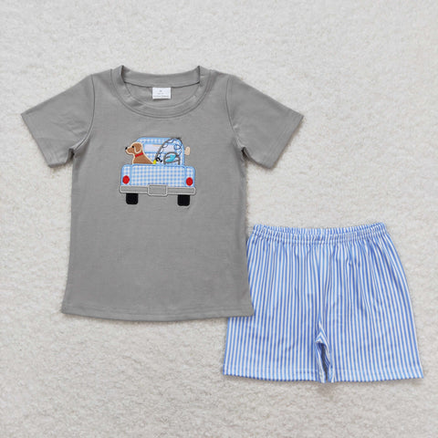 BSSO0664 RTS baby boy clothes puppy fishing embroidery toddler boy summer outfits